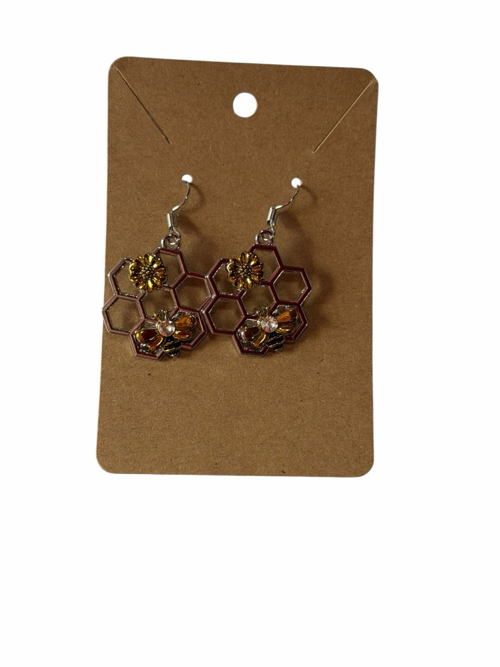Honeycomb Bee Drop Earrings - Gold and Brown